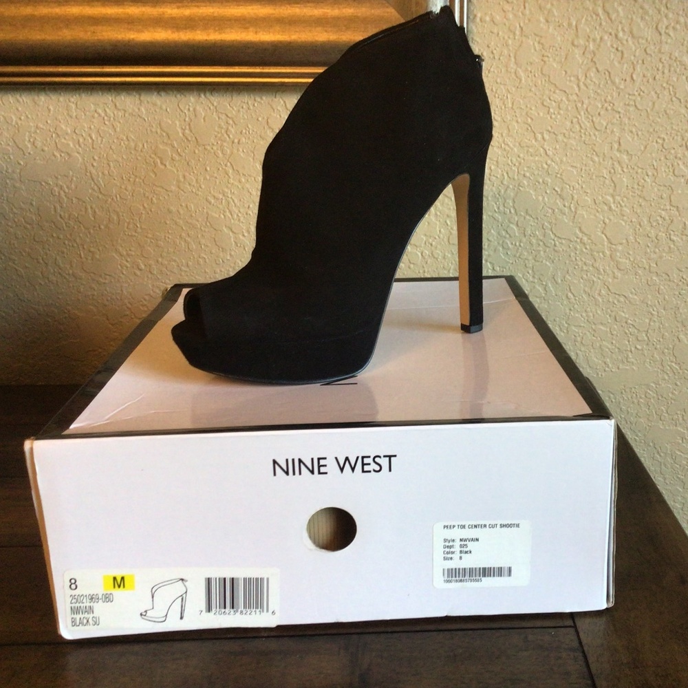 Nine West Vain Black Suede Peep Toe Stiletto Bootie (NEW)